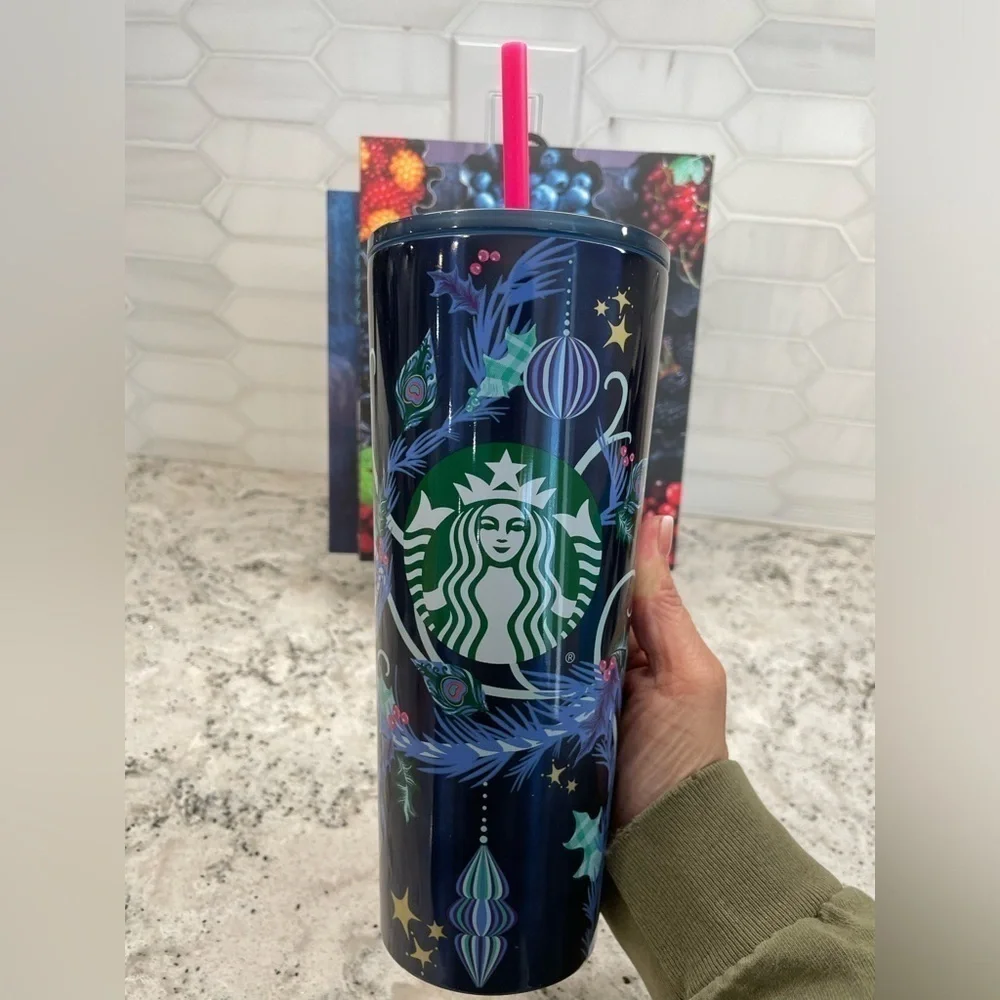 Starbucks 2024 Holiday Blue Peacock Feathers Pine Boughs Winter SS Tumbler. NWT